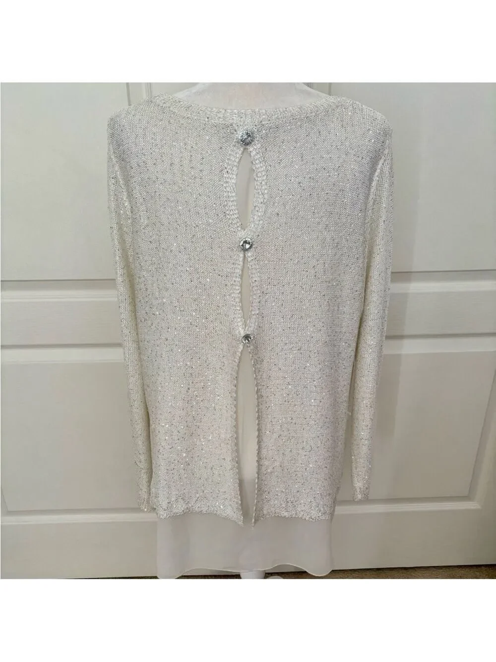Sioni Winter White Sparkle Sweater XL – Hi-Lo Hem, Chiffon Lining, Rhinestone